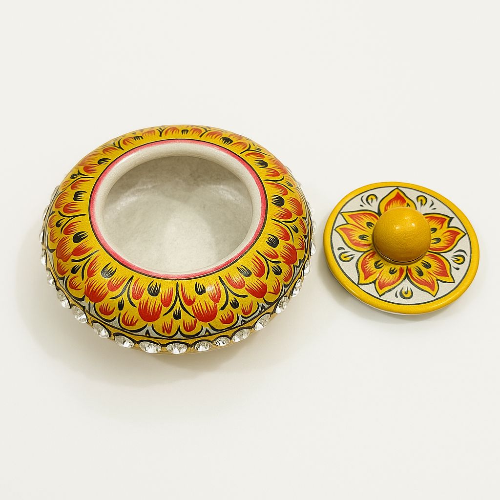 DEHATIBAZAR | Decorative Marble Sindoor Dani with Crystal Accents | Yellow Floral Design, 3 inch