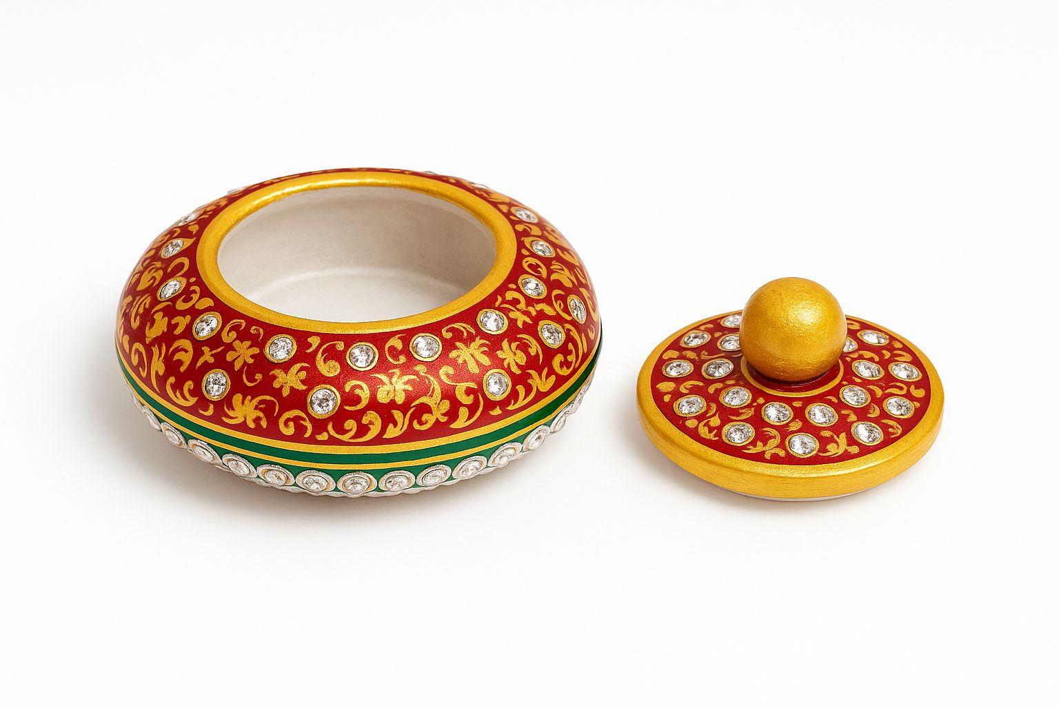 DEHATIBAZAR | Decorative Marble Sindoor Dani with Crystal Embellishments | Red and Gold  Traditional Design, 3 inch