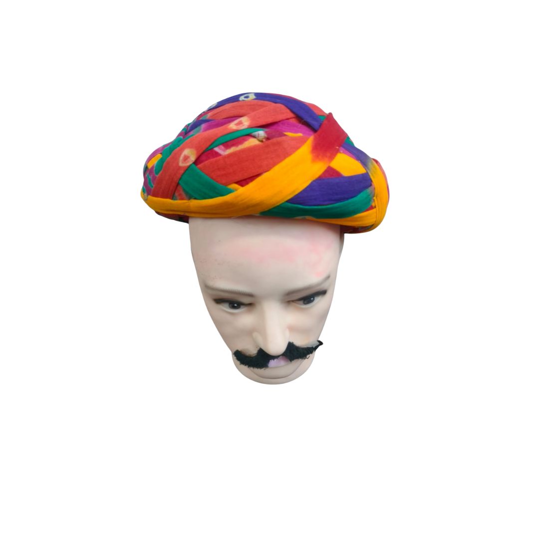 DEHATIBAZAR | Multicoloured Traditional Turban | Tipu Pagdi | Woven Cotton Fabric | Red Yellow Purple Green Pattern