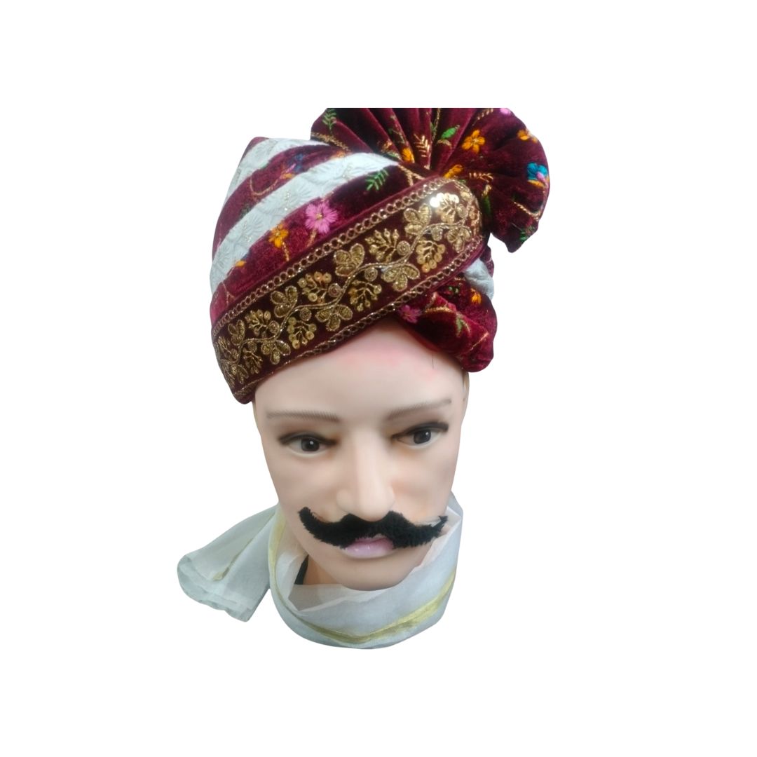 DEHATIBAZAR | Traditional Velvet Safa with Tail | Turban with Floral Embroidery and Bow | Red and White Striped, Gold Border
