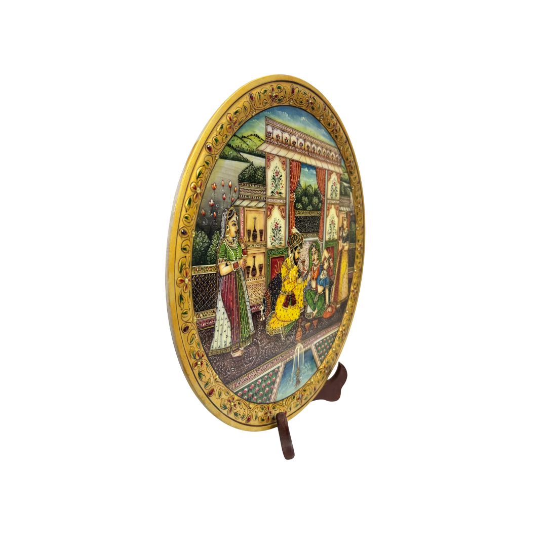 DEHATIBAZAR | Beautiful And Attractive Mughal Harem Miniature Painting On 15 inch Marble Plate With Stand | Exquisite Hand-painted Traditional Indian Artwork | Elegant Decorative Piece For Home, Office & Gifting