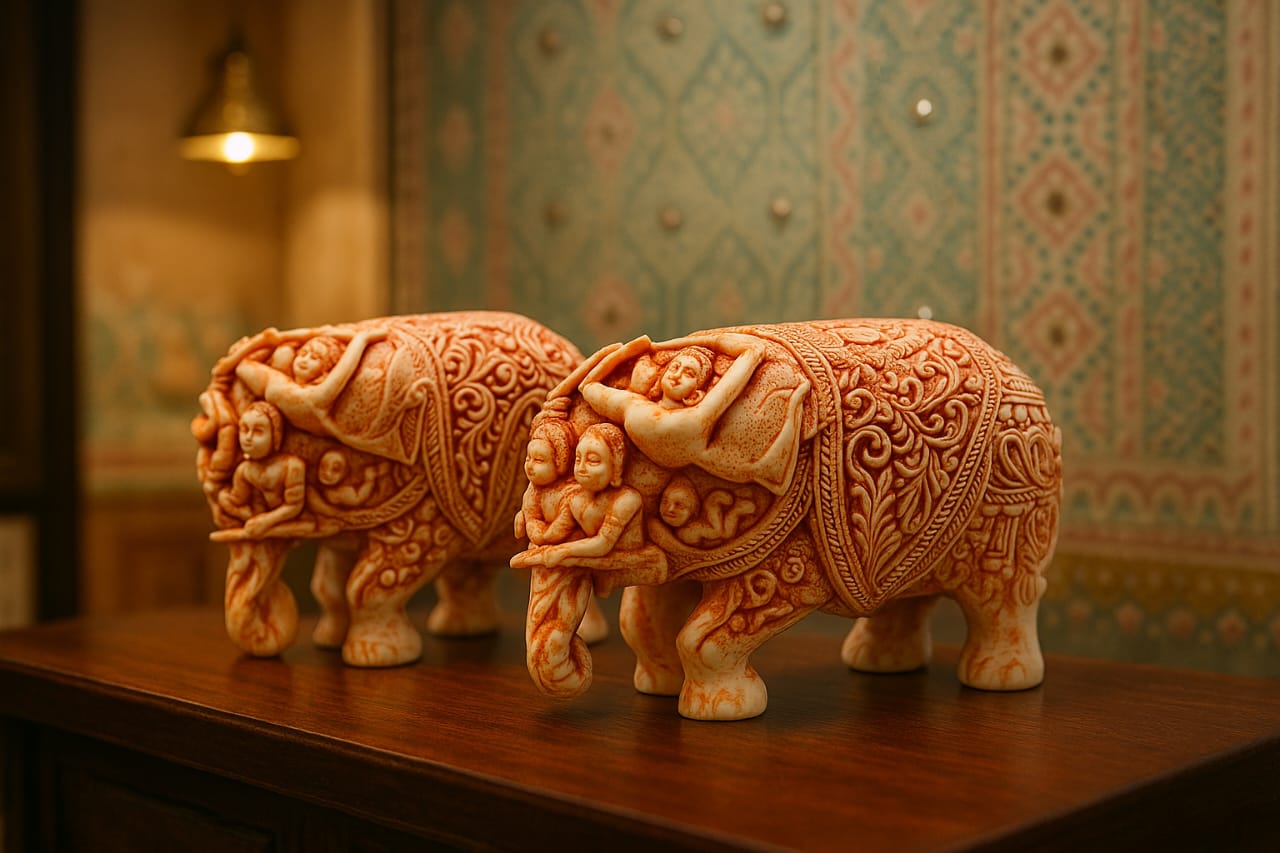 DEHATIBAZAR | Handcrafted Decorative Elephant  Pair 4.5 inch | Antique-Style Resin Sculpture with Intricate Carved Details | Traditional Indian Art Home Decor