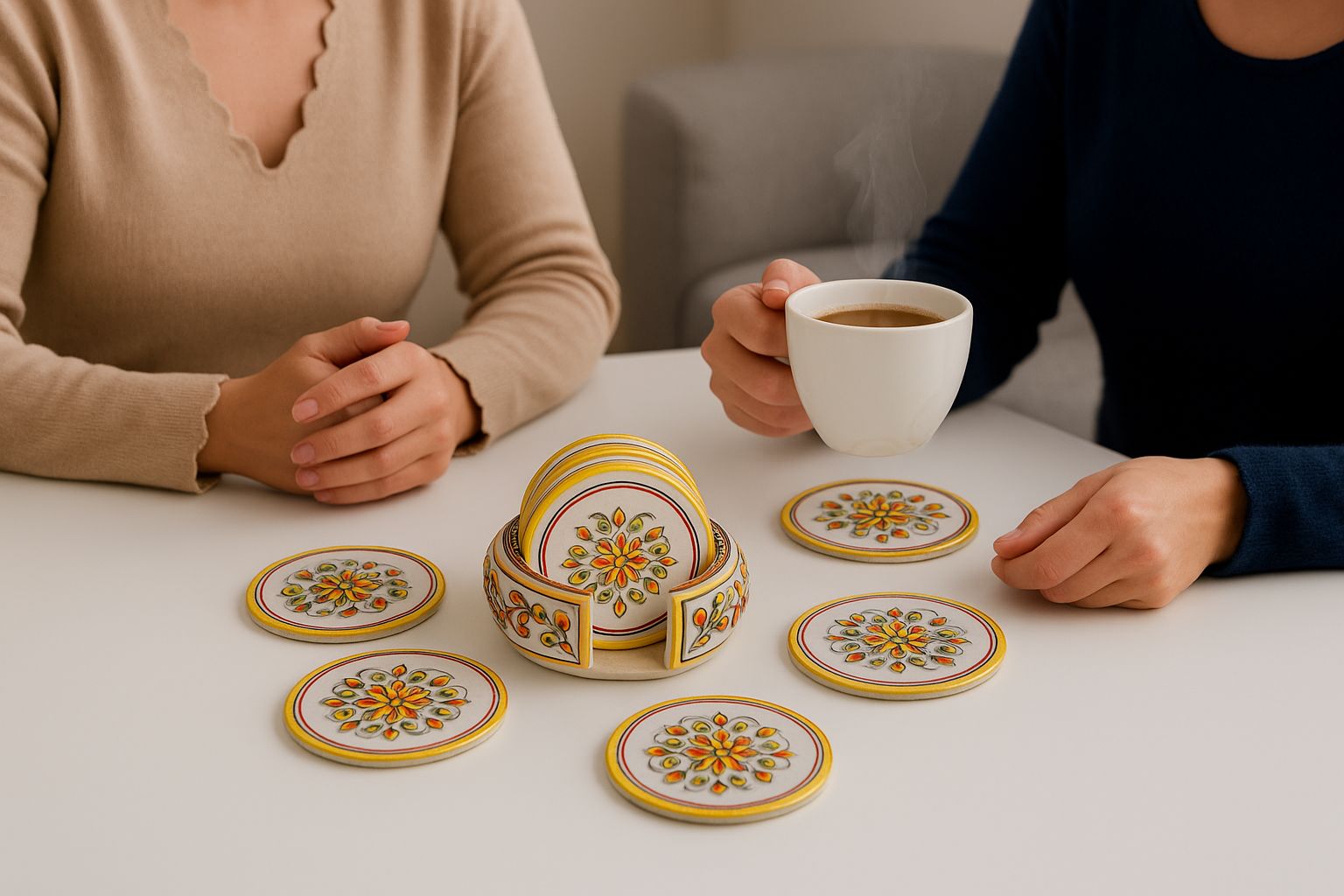 Handcrafted Premium White Marble Tea Coaster Set with Holder (Set of 6) – Traditional Floral Hand-Painted Table Decor