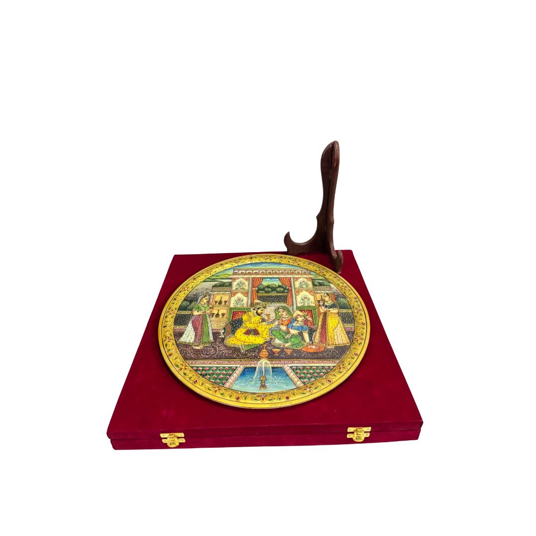 DEHATIBAZAR | Beautiful And Attractive Mughal Harem Miniature Painting On 15 inch Marble Plate With Stand | Exquisite Hand-painted Traditional Indian Artwork | Elegant Decorative Piece For Home, Office & Gifting