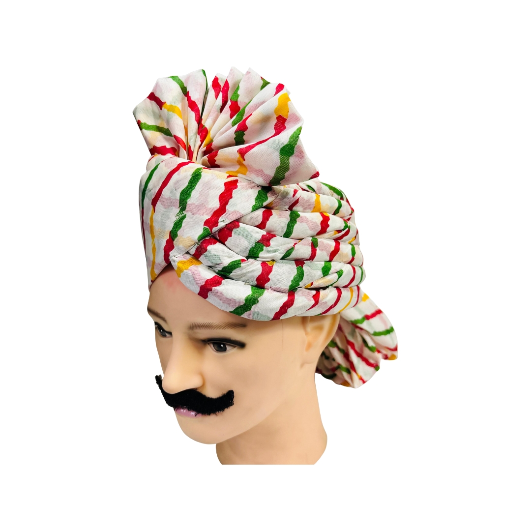 Festive Turban, Traditional Safa Pagdi, White with Red, Green, Yellow Stripes