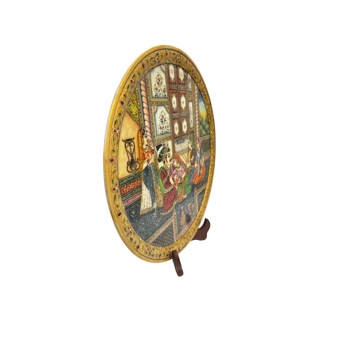 DEHATIBAZAR | Mughal Harem Scene on 15 Inch Marble Plate with wooden stand | Hand-Painted Traditional Indian Art | Decorative Piece | Perfect for Home, Office & Gifting
