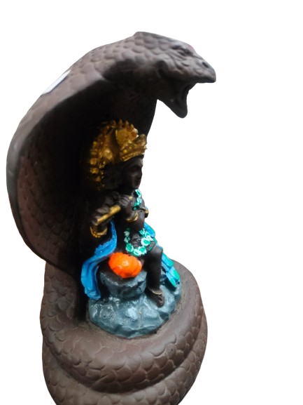 Decorative Krishna Idol with Cobra Hood, Black Resin Figurine, Religious Statue with Blue Accents