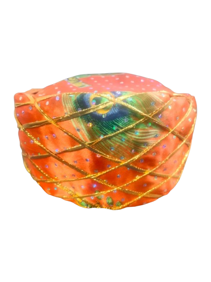Peacock Print Pagdi, Orange and Green, Gold Criss-Cross Pattern, Polka Dot Design