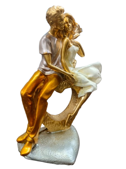 Romantic Couple Figurine, Gold and Silver Metallic Finish, Heart Base Sculpture, Home Decor