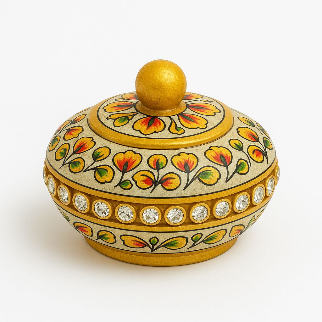 DEHATIBAZAR | Decorative Marble Sindoor Dani with Floral Design | Gold Accents and Crystal Embellishments. 3 inch