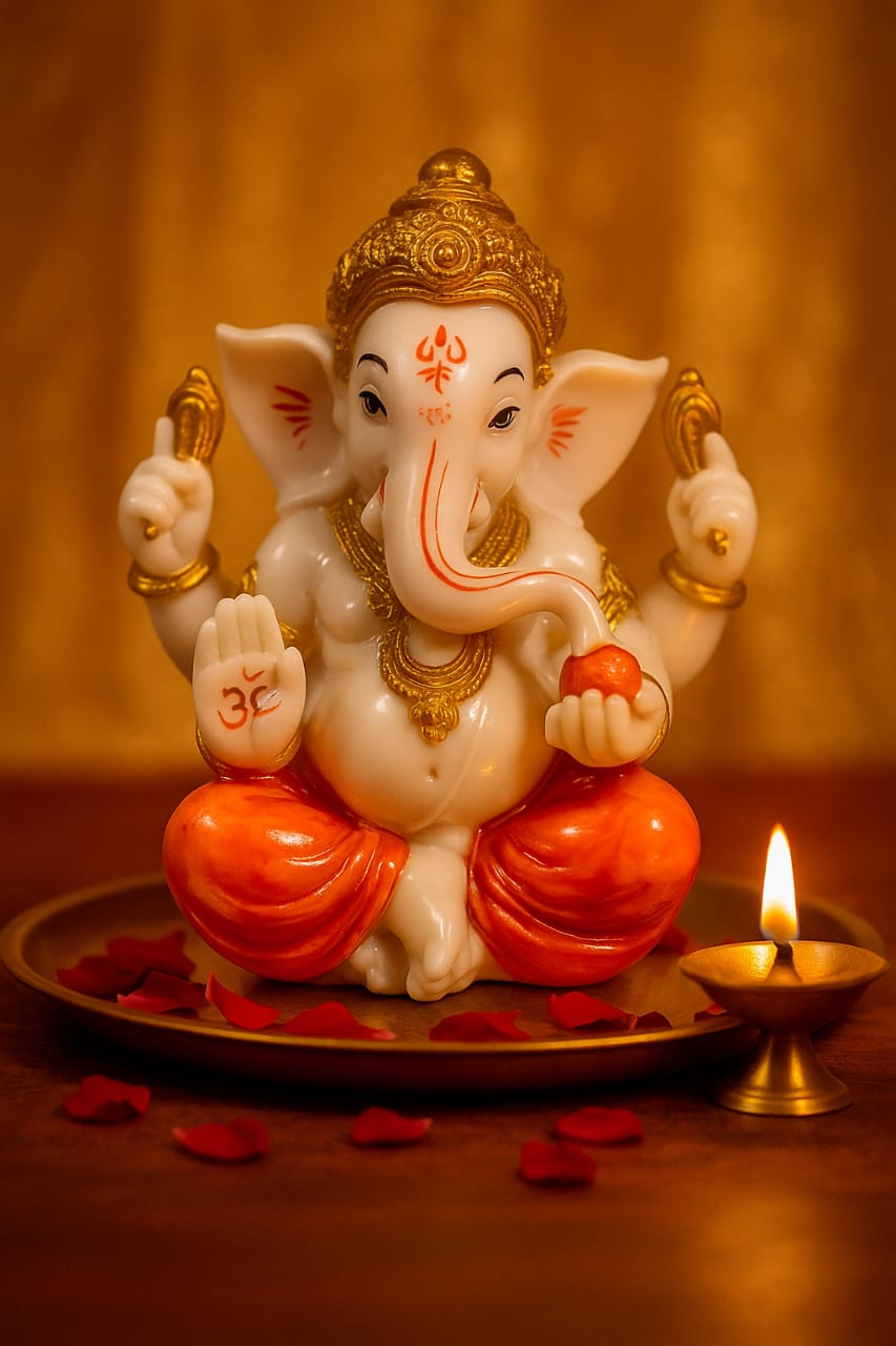 DEHATIBAZAR | Decorative Resin Lord Ganesha Statue 6 inch | White and Gold, Traditional Hindu Chaturbhuj Design with Orange Accents | Religious Home Decor