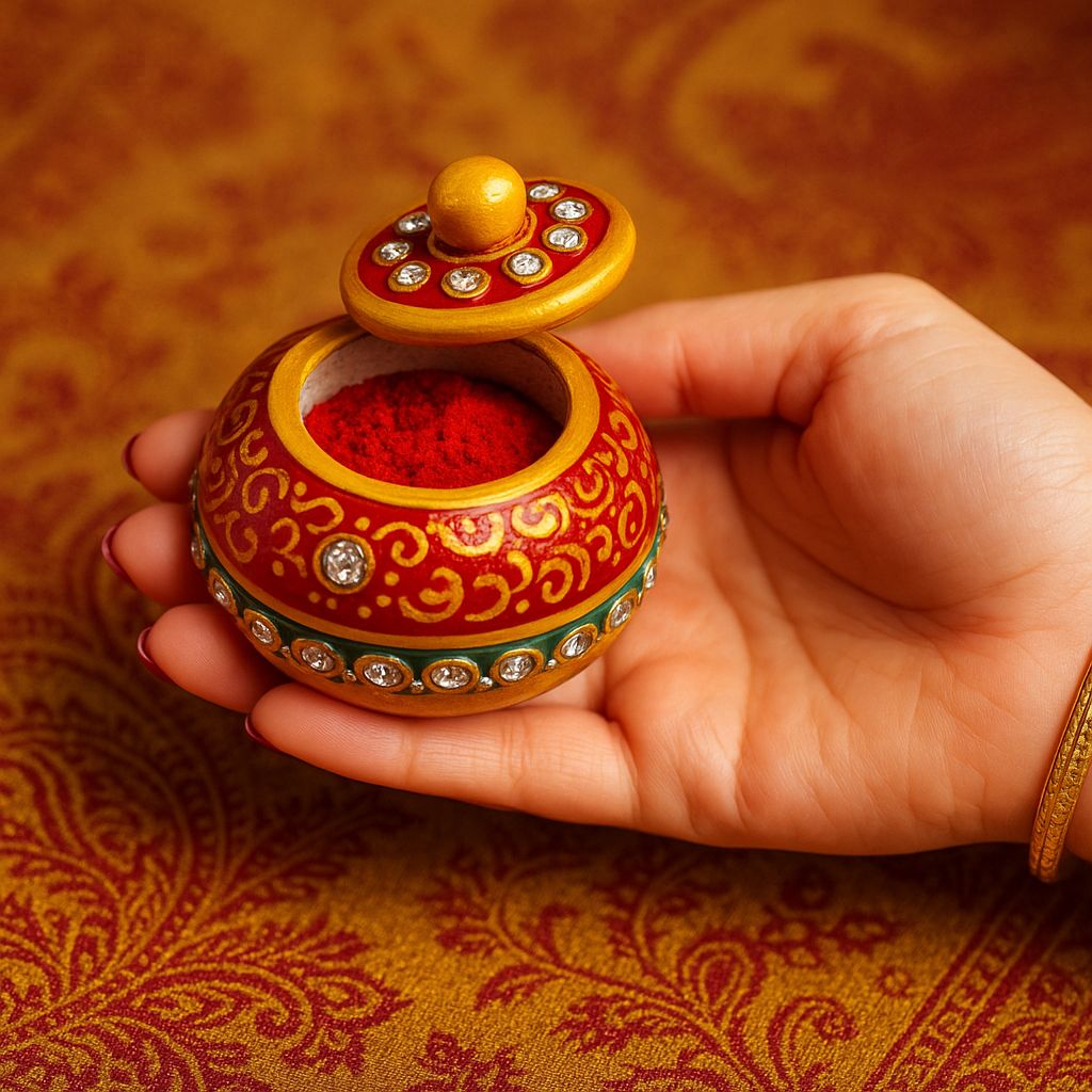 DEHATIBAZAR | Marble Sindoor Dani 2 inch with Lid | Red and Gold Traditional Design | Hand-Painted Round Storage Container | Kukum Dabbi