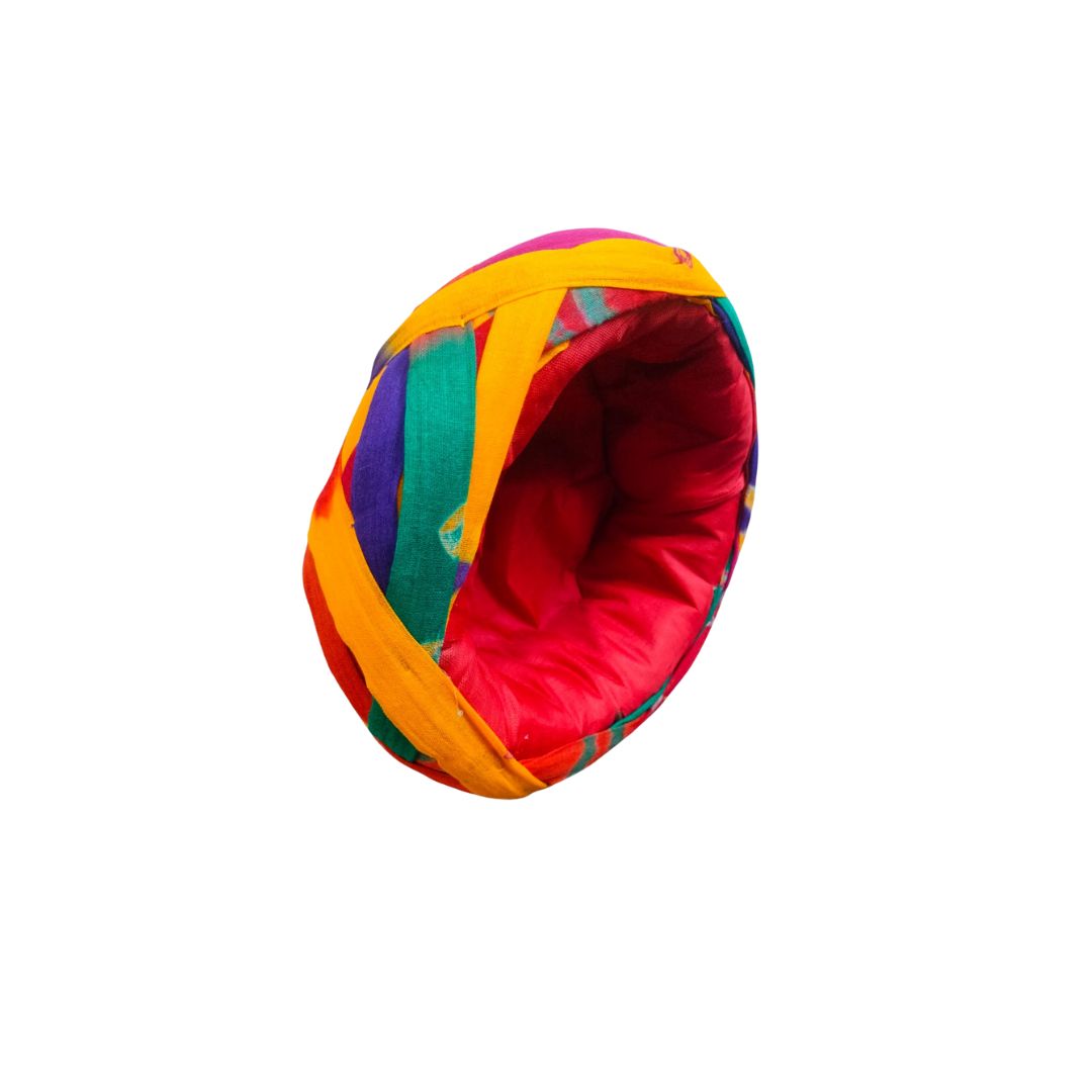 DEHATIBAZAR | Multicoloured Traditional Turban | Tipu Pagdi | Woven Cotton Fabric | Red Yellow Purple Green Pattern