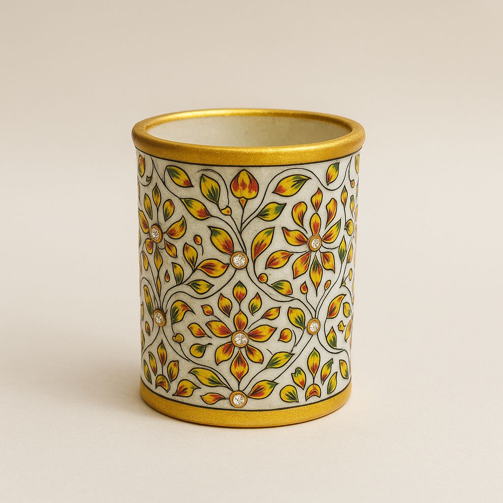 DEHATIBAZAR | Decorative Marble Pen Holder 10 cm | White with Gold Trim | Hand-Painted Floral Design | Crystal Accents