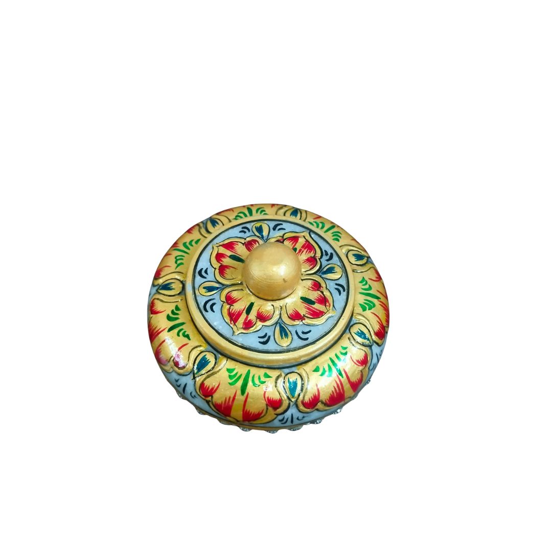 DEHATIBAZAR | Decorative Marble Sindoor Dani with Crystal Accents | Yellow Floral Design, 3 inch
