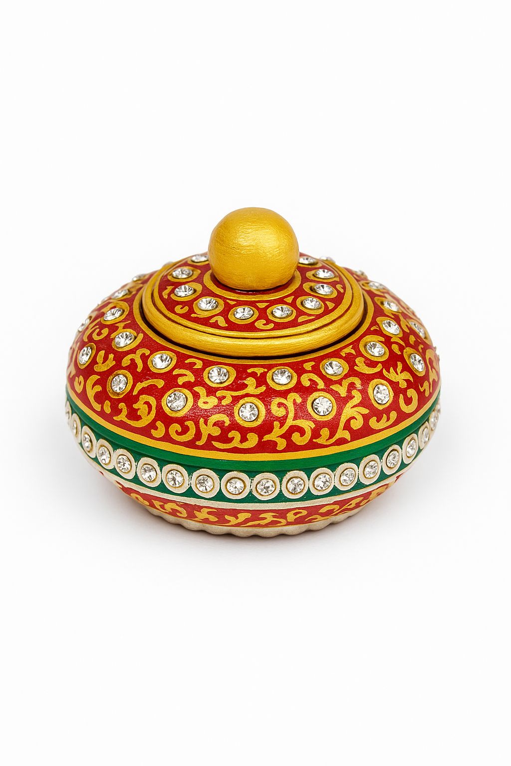 DEHATIBAZAR | Decorative Marble Sindoor Dani with Crystal Embellishments | Red and Gold  Traditional Design, 3 inch