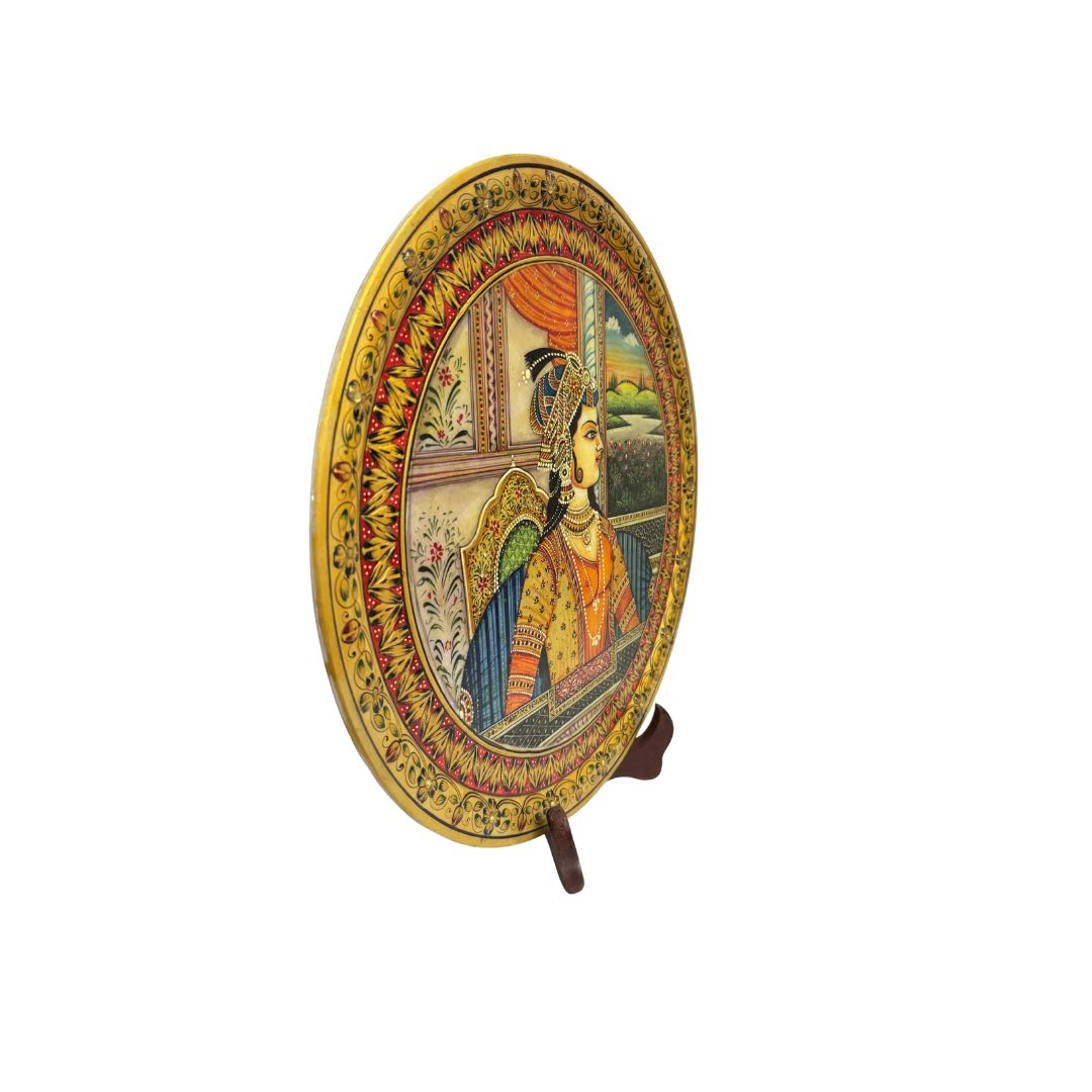 DEHATIBAZAR | Mughal Princess Art Work on 15 inch Marble Plate with wooden stand - Velvet box | hand-Painted Traditional Indian Art | Elegant Decorative Piece for Home | Gifting Intricate Detailing&Timeless Design