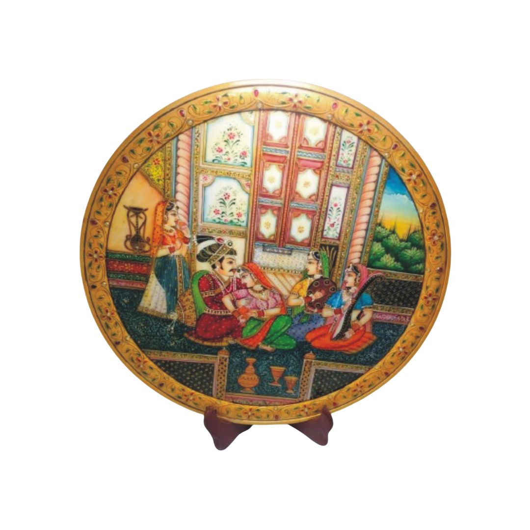 DEHATIBAZAR | Mughal Harem Scene on 15 Inch Marble Plate with wooden stand | Hand-Painted Traditional Indian Art | Decorative Piece | Perfect for Home, Office & Gifting