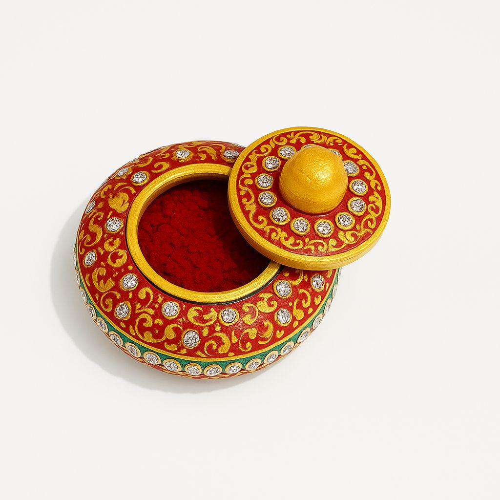 DEHATIBAZAR | Decorative Marble Sindoor Dani with Crystal Embellishments | Red and Gold  Traditional Design, 3 inch