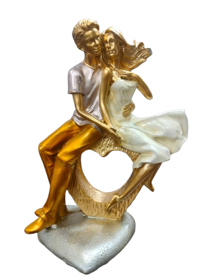 Romantic Couple Figurine, Gold and Silver Metallic Finish, Heart Base Sculpture, Home Decor