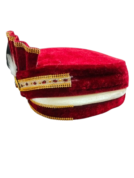 Traditional Maroon Velvet Turban with Gold Trim and White Feather, Indian Wedding Pagdi, Bindayak pagdi for kids