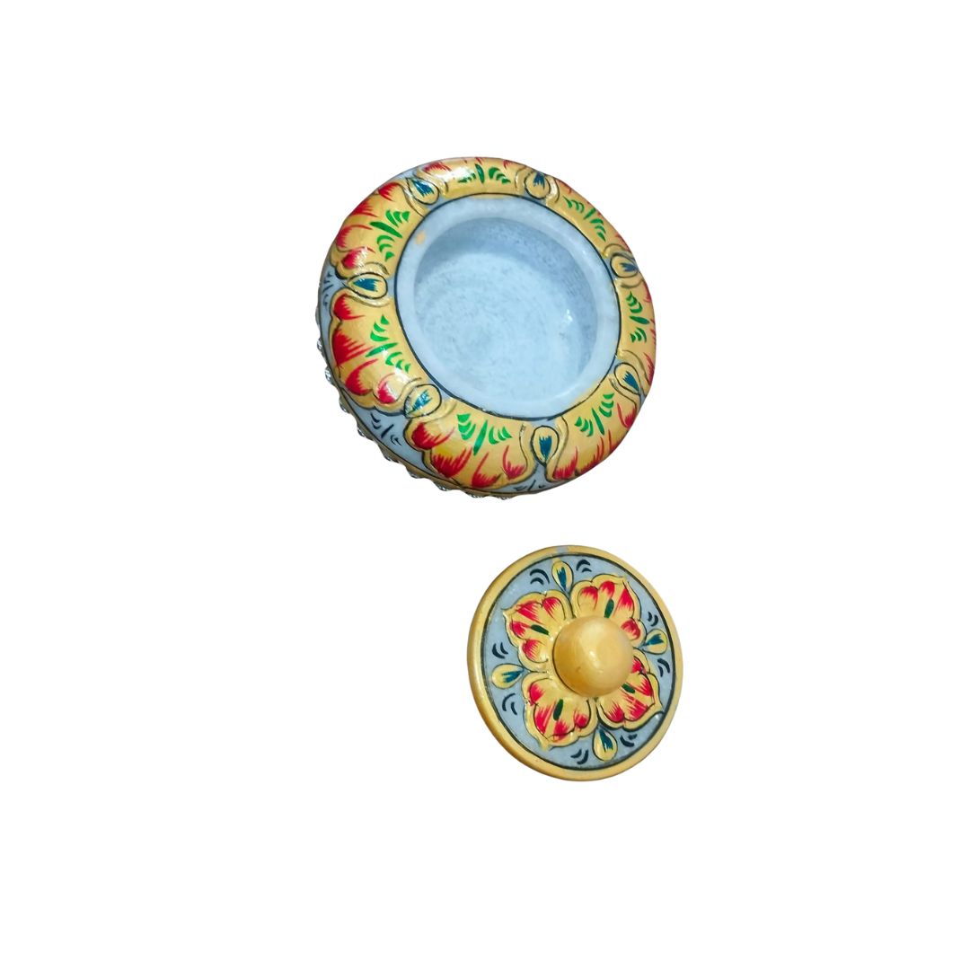 DEHATIBAZAR | Decorative Marble Sindoor Dani with Crystal Accents | Yellow Floral Design, 3 inch