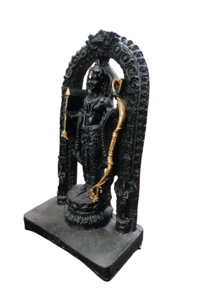 Ram Chandra Religious Statue with Bow and Arrow, Black Resin Decorative Figurine with Arch Frame