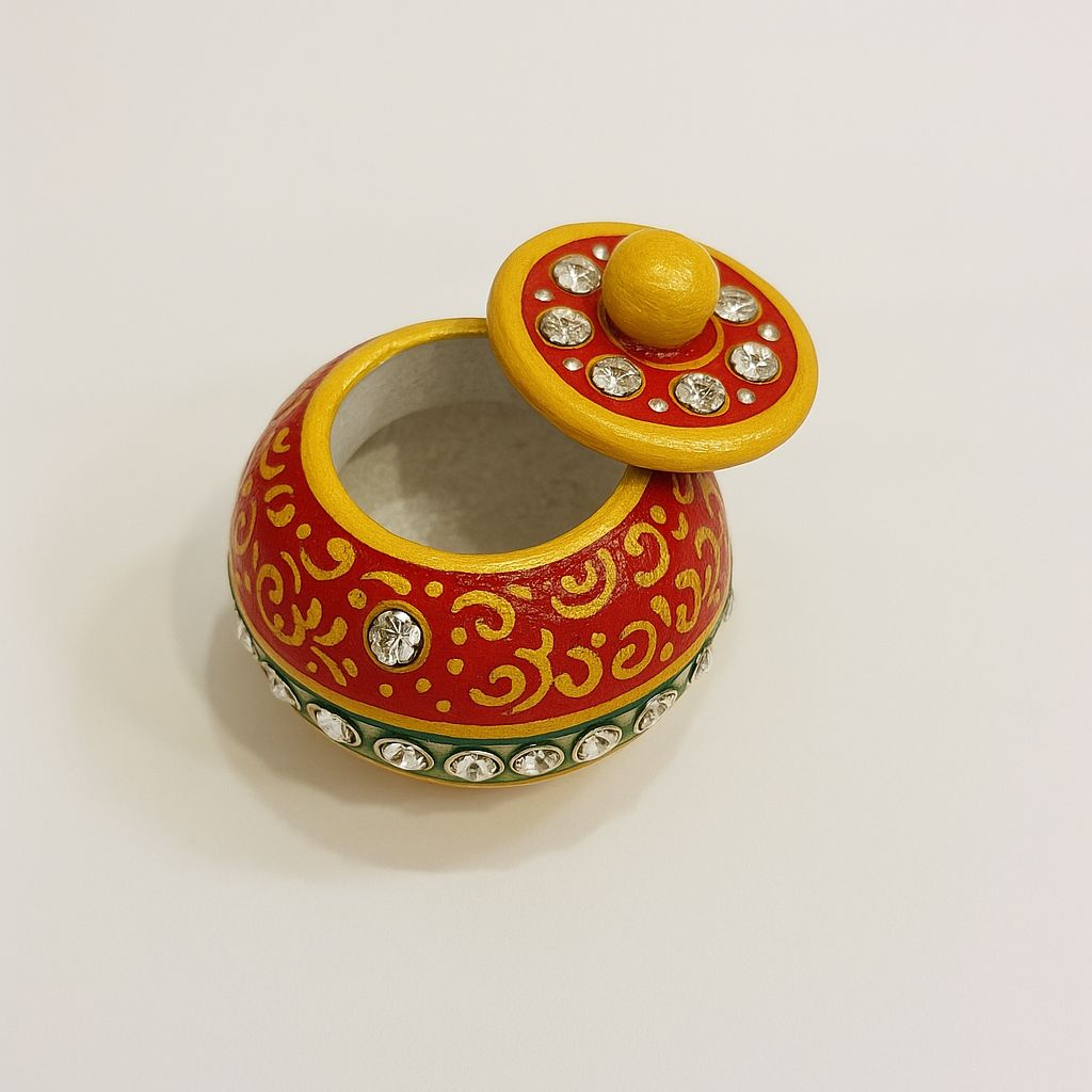 DEHATIBAZAR | Marble Sindoor Dani 2 inch with Lid | Red and Gold Traditional Design | Hand-Painted Round Storage Container | Kukum Dabbi