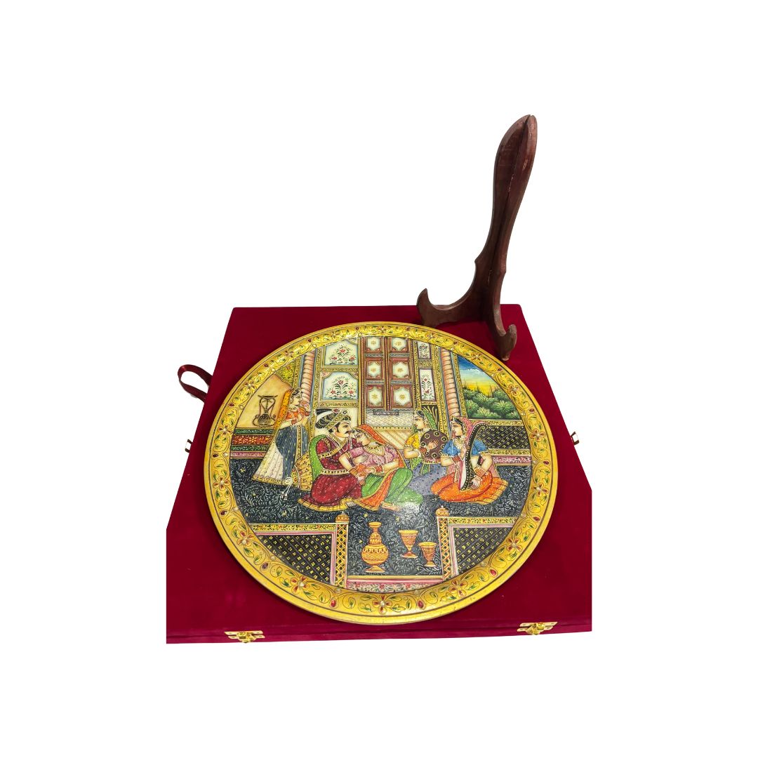 DEHATIBAZAR | Mughal Harem Scene on 15 Inch Marble Plate with wooden stand | Hand-Painted Traditional Indian Art | Decorative Piece | Perfect for Home, Office & Gifting