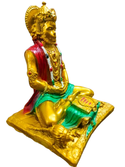 DEHATIBAZAR |Hanuman Ji Idol Sitting in Meditation Pose | Resin Statue for Home Temple, Office Desk | Gold Finish with Red-Green Robe | Spiritual Gift Item | Pothy Hanuman`