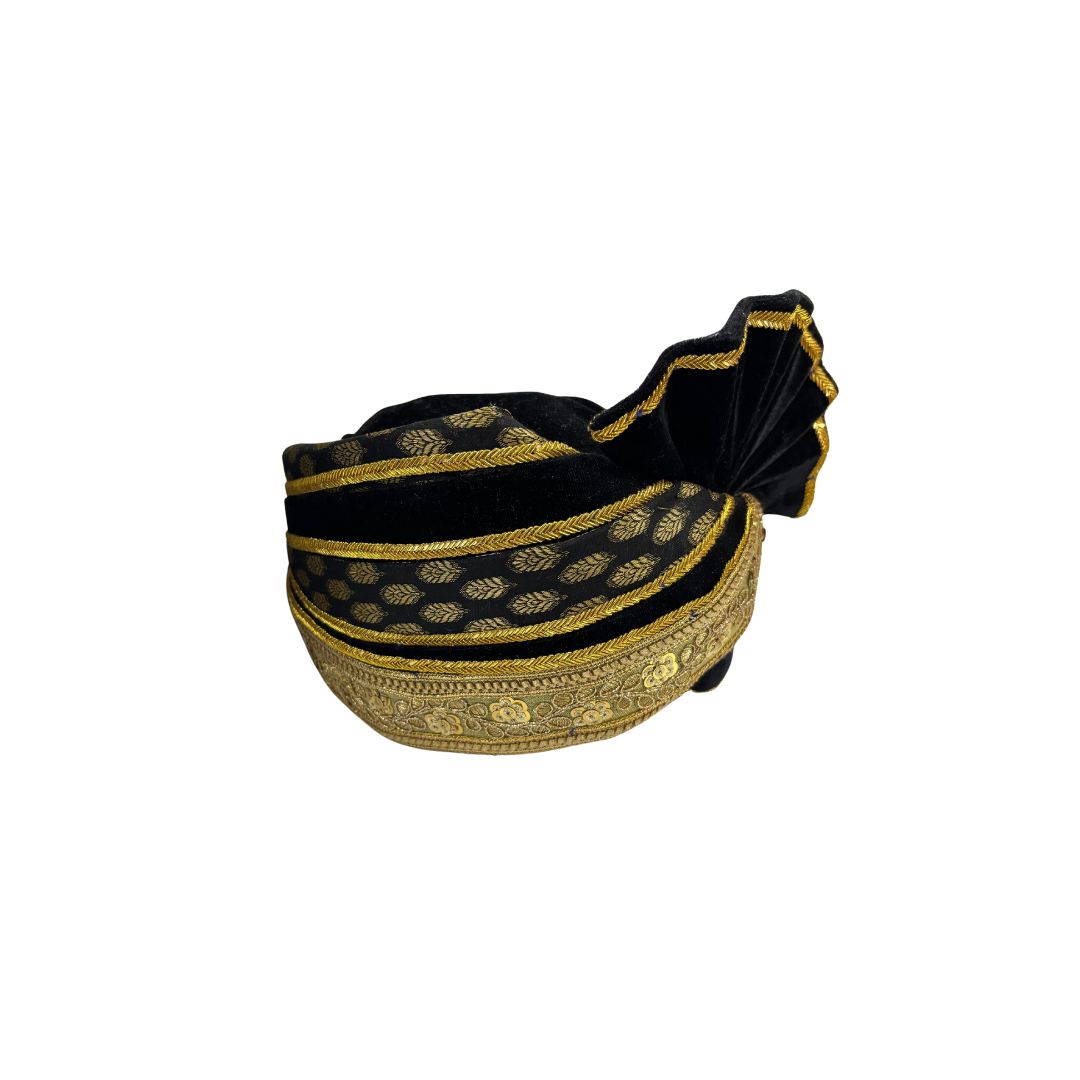 Traditional Black and Gold Turban, Brocade Pattern with Leaf Motifs, Decorative Pathani Safa