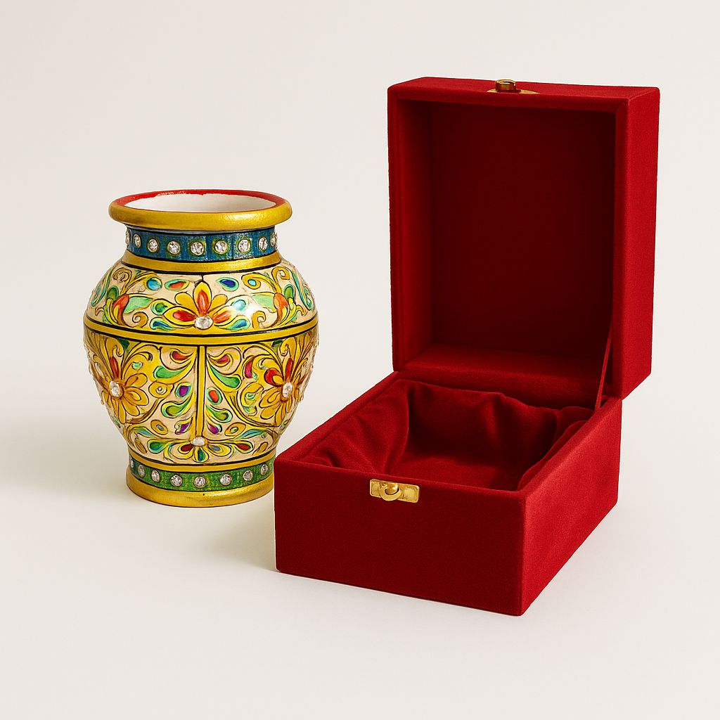 DEHATIBAZAR | Handcrafted Decorative Flower Vase | Gold and Yellow Floral Design | Traditional Indian Style Lota, 13 mm