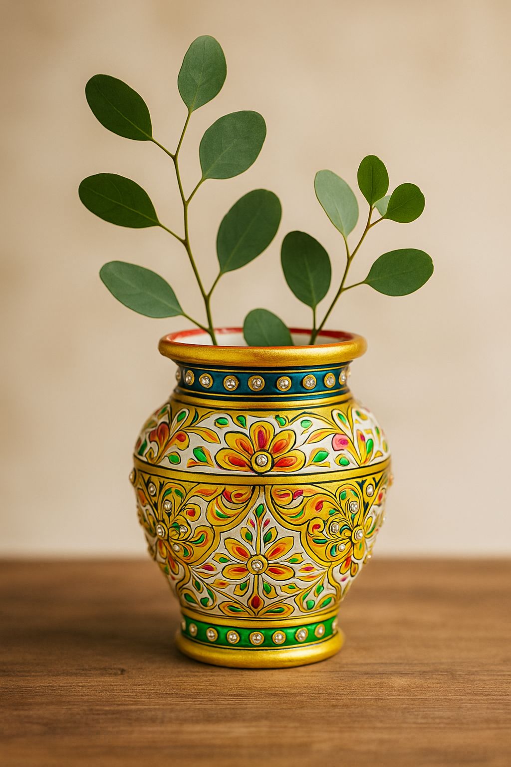 DEHATIBAZAR | Handcrafted Decorative Flower Vase | Gold and Yellow Floral Design | Traditional Indian Style Lota, 13 mm