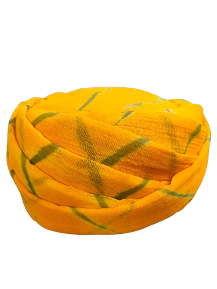 Stylish Jodhpuri Turban Head Wrap, Yellow with Green Pattern, Cotton Fabric