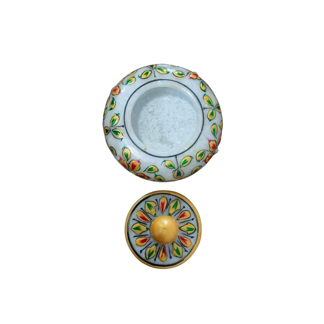DEHATIBAZAR | Decorative Marble Sindoor Dani with Floral Design | Gold Accents and Crystal Embellishments. 3 inch