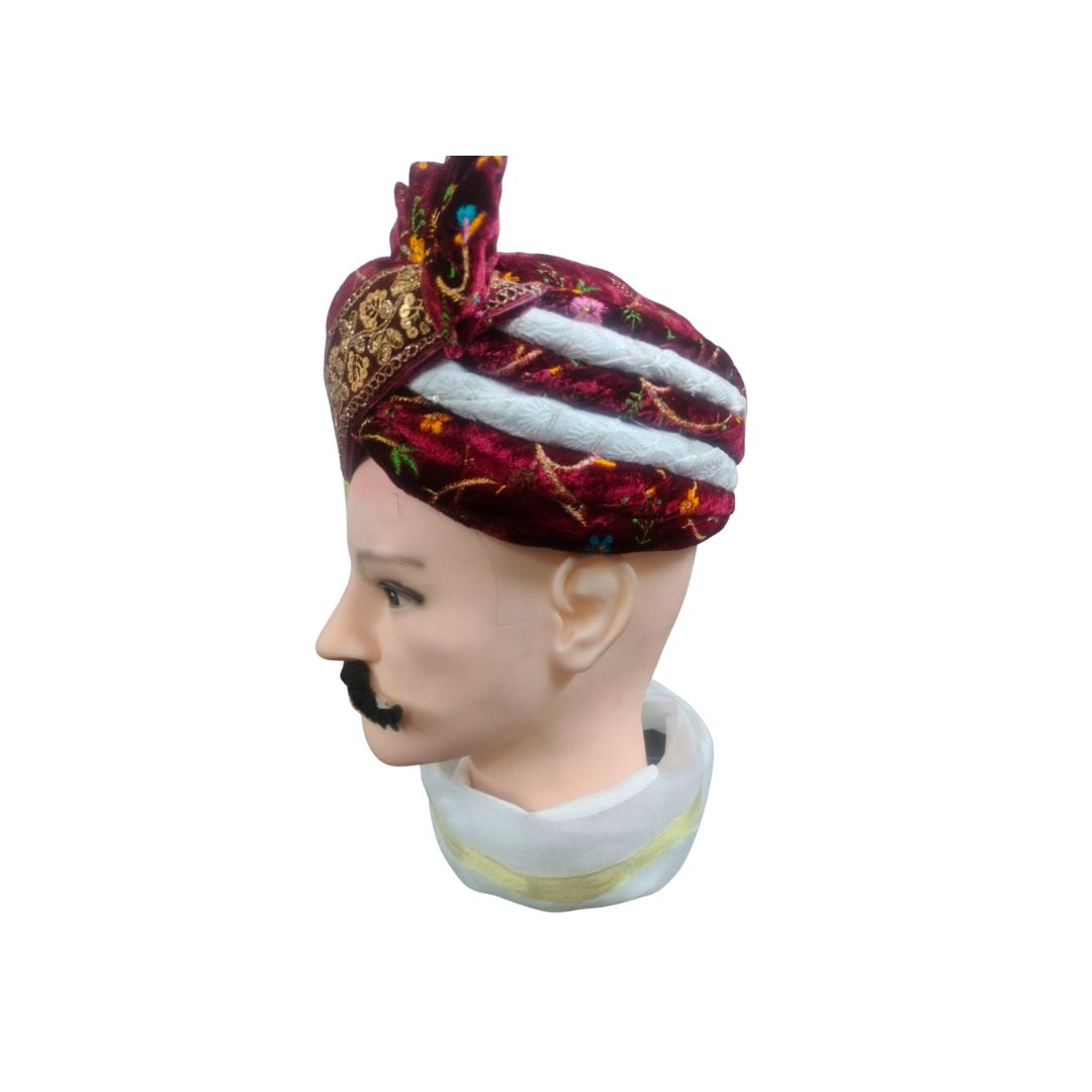 DEHATIBAZAR | Traditional Velvet Safa with Tail | Turban with Floral Embroidery and Bow | Red and White Striped, Gold Border