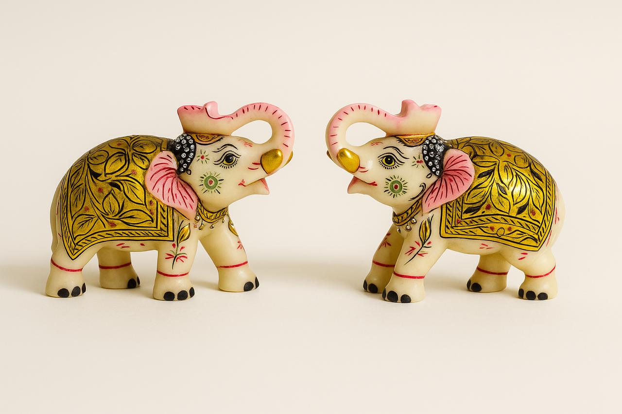 DEHATIBAZAR | Decorative Elephant Figurines Set 3 inch, Hand-Painted Gold and Pink Design, Traditional Indian Style, White Resin, Set of 2