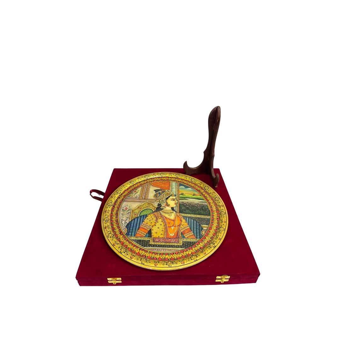 DEHATIBAZAR | Mughal Princess Art Work on 15 inch Marble Plate with wooden stand - Velvet box | hand-Painted Traditional Indian Art | Elegant Decorative Piece for Home | Gifting Intricate Detailing&Timeless Design