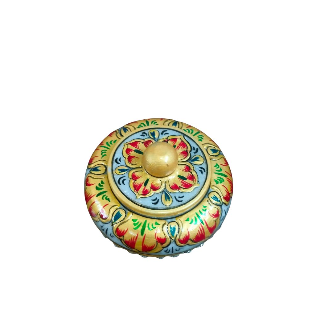 DEHATIBAZAR | Decorative Marble Sindoor Dani with Crystal Accents | Yellow Floral Design, 3 inch