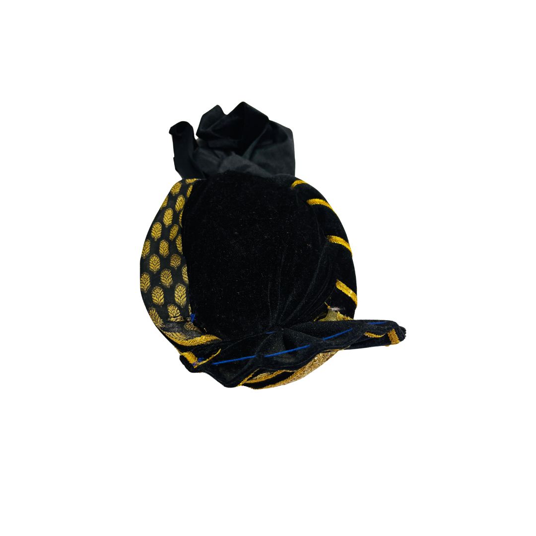 Traditional Black and Gold Turban, Brocade Pattern with Leaf Motifs, Decorative Pathani Safa