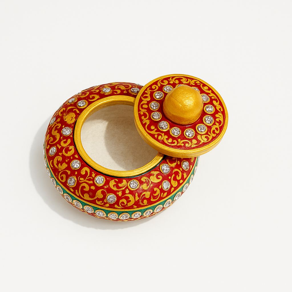 DEHATIBAZAR | Decorative Marble Sindoor Dani with Crystal Embellishments | Red and Gold  Traditional Design, 3 inch