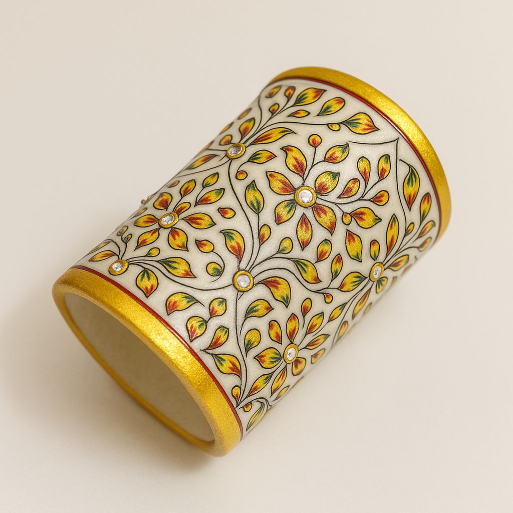 DEHATIBAZAR | Decorative Marble Pen Holder 10 cm | White with Gold Trim | Hand-Painted Floral Design | Crystal Accents