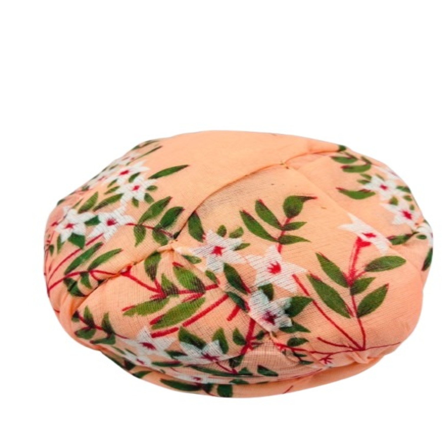 Round Decorative Pagri, Peach Floral Print, Green Leaf Pattern