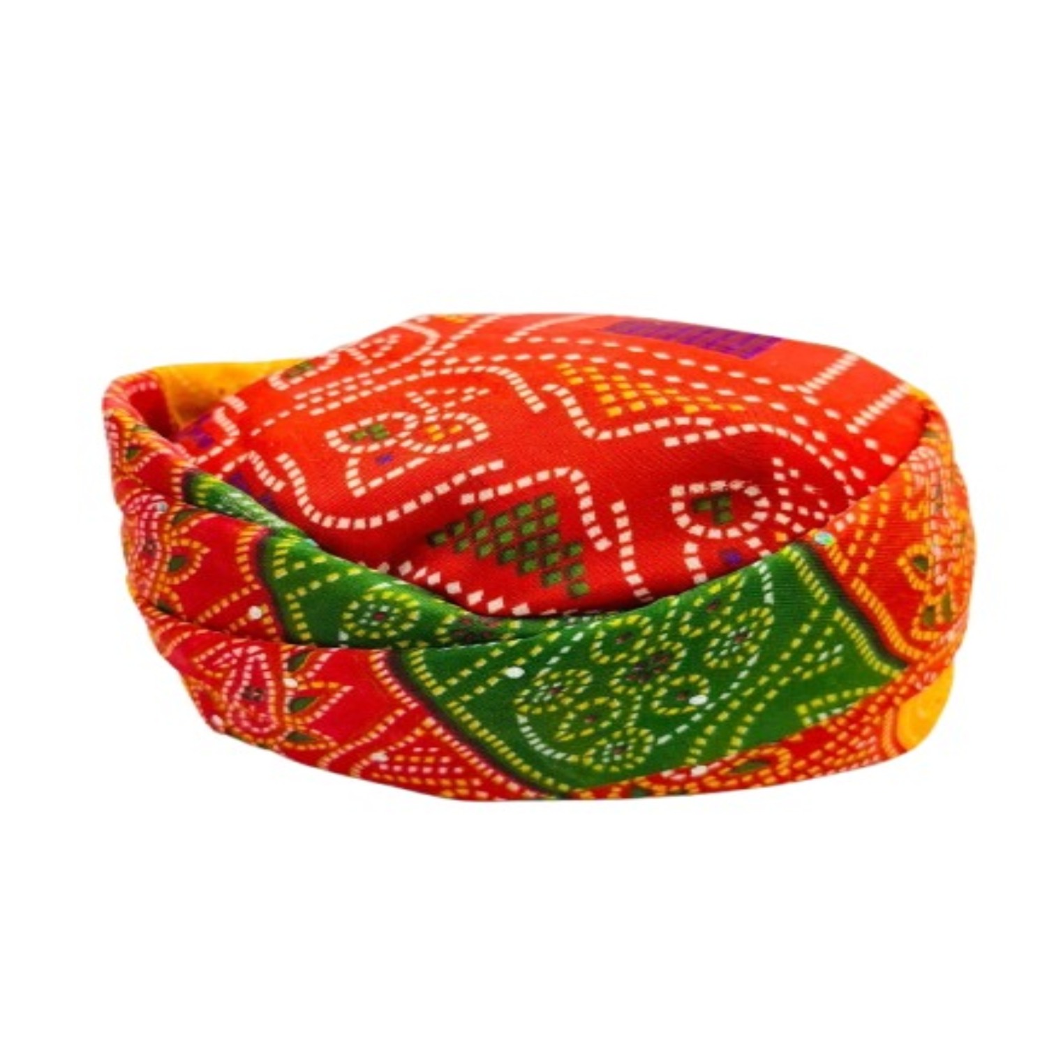Traditional Indian Pagdi Headwear, Multicoloured Bandhani Print, Red and Green