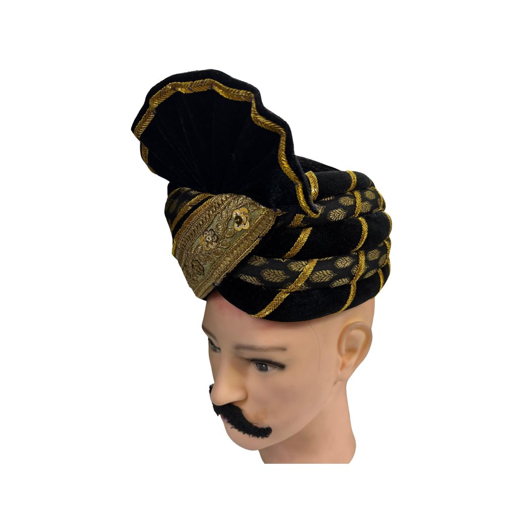 Traditional Black and Gold Turban, Brocade Pattern with Leaf Motifs, Decorative Pathani Safa