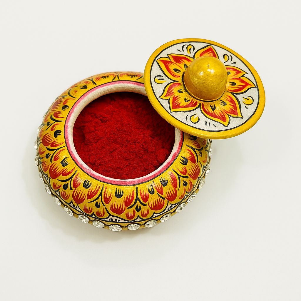 DEHATIBAZAR | Decorative Marble Sindoor Dani with Crystal Accents | Yellow Floral Design, 3 inch
