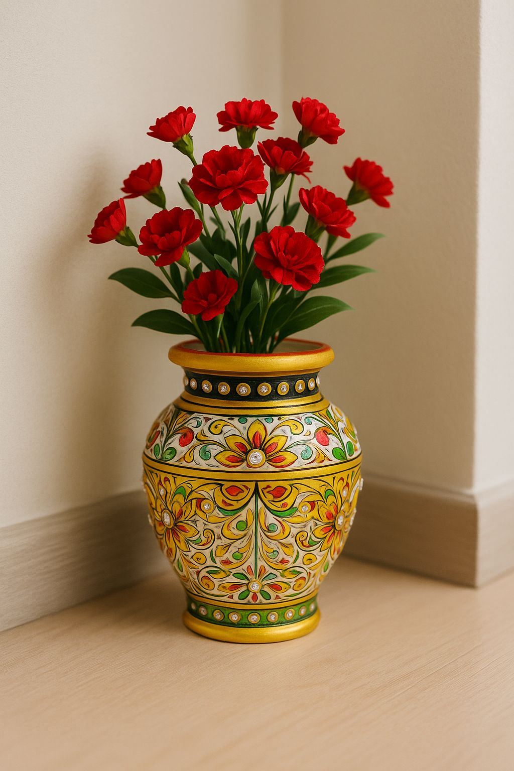 DEHATIBAZAR | Handcrafted Decorative Flower Vase | Gold and Yellow Floral Design | Traditional Indian Style Lota, 13 mm