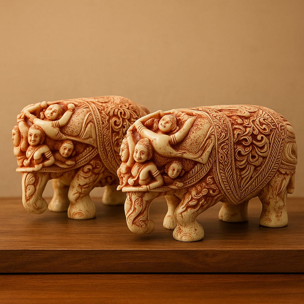 DEHATIBAZAR | Handcrafted Decorative Elephant  Pair 4.5 inch | Antique-Style Resin Sculpture with Intricate Carved Details | Traditional Indian Art Home Decor