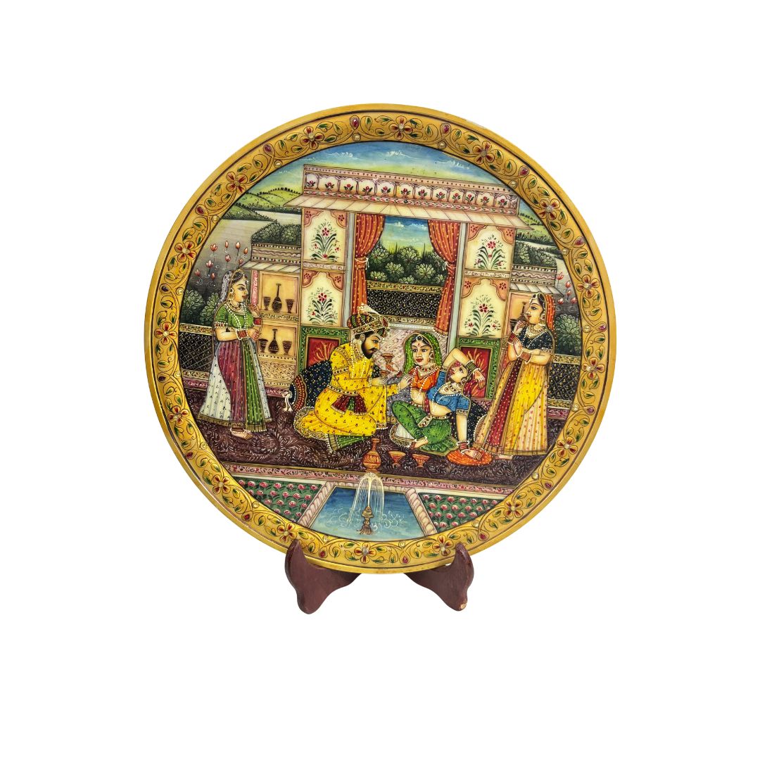 DEHATIBAZAR | Beautiful And Attractive Mughal Harem Miniature Painting On 15 inch Marble Plate With Stand | Exquisite Hand-painted Traditional Indian Artwork | Elegant Decorative Piece For Home, Office & Gifting