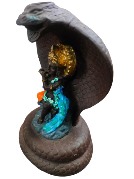 Decorative Krishna Idol with Cobra Hood, Black Resin Figurine, Religious Statue with Blue Accents